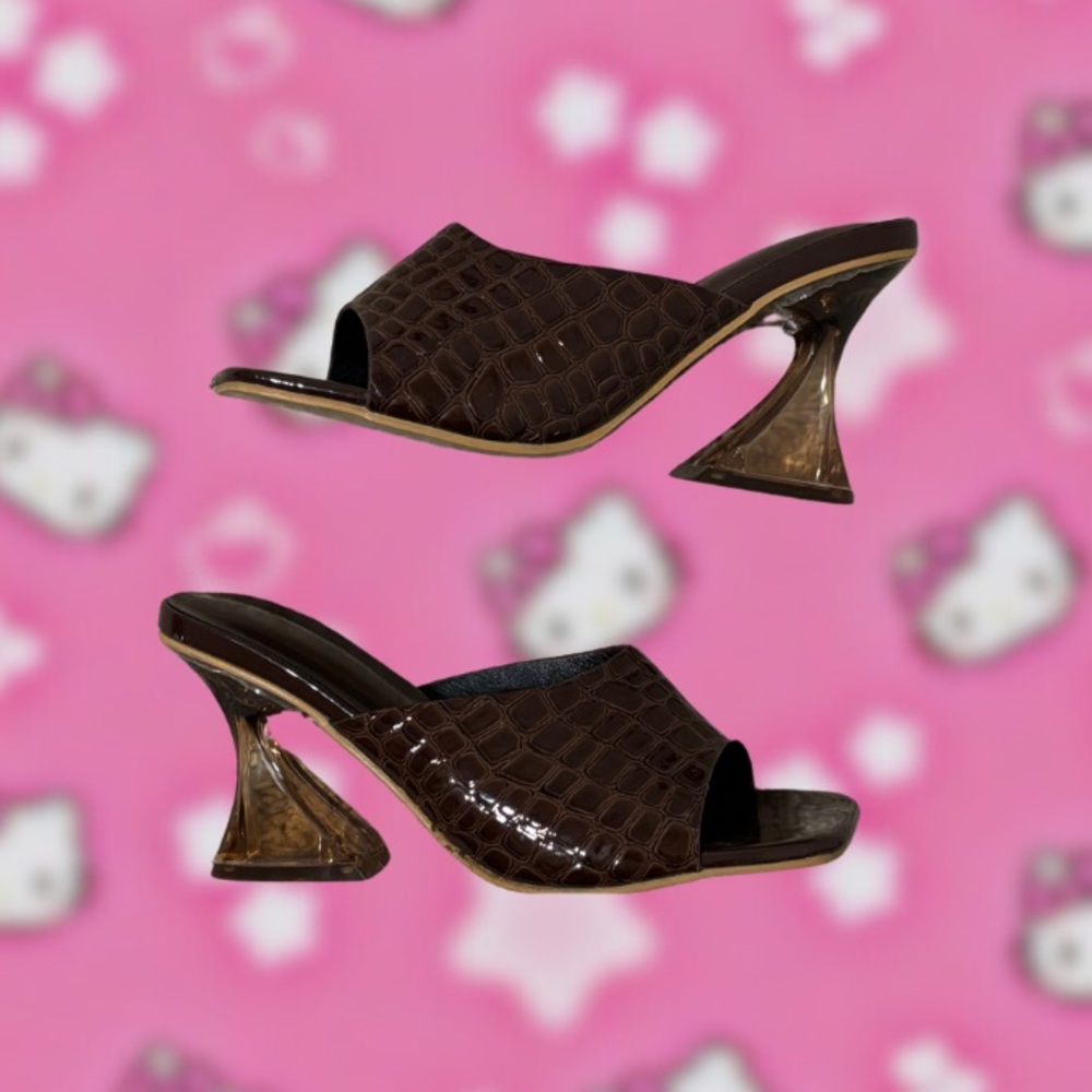 Brown Croc-Embossed Mule Heels | Sculpted Heel | Wide-Fit Friendly (EU 38 )